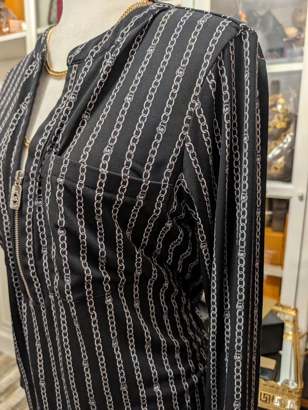 Michael Kors Black Chain-Print Long Sleeve Zip-Neck Top